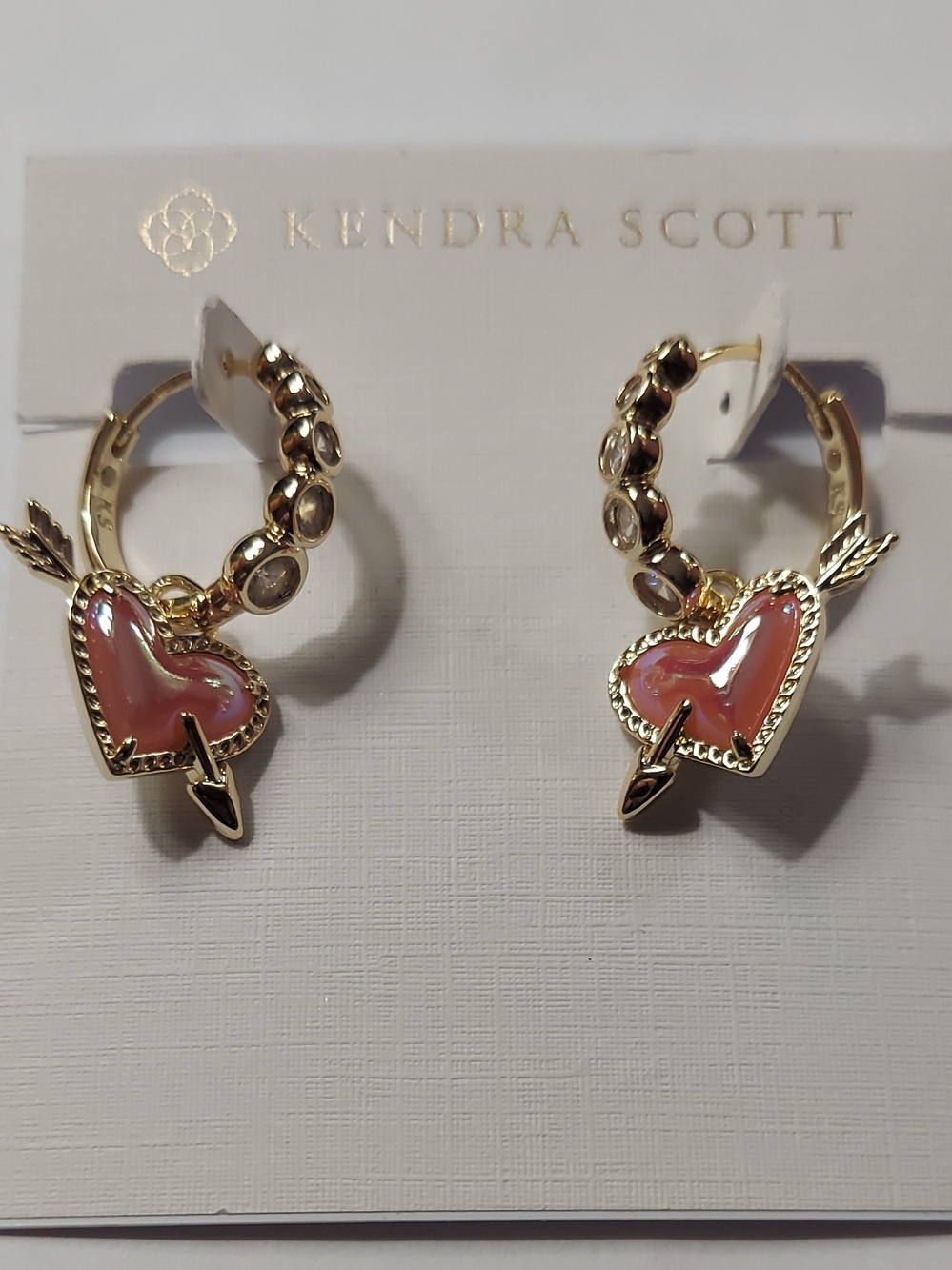 Kendra Scott Gold Hoop Earrings with Pink Heart Arrow Charm